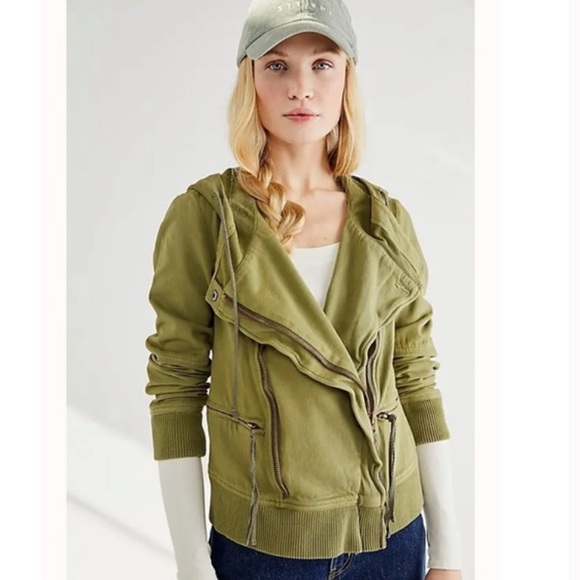 Free People Carmen Cotton Moto Jacket Hooded Green NWT Size Small - Picture 5 of 14